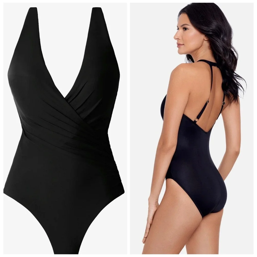 Miraclesuit Wrapsody One Piece Swimsuit Size 12 Black Halter Tummy Control